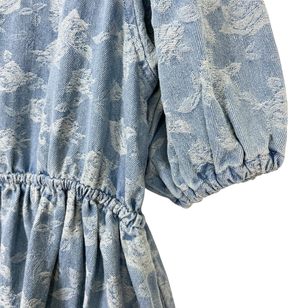 Miou Muse Denim + Roses Bow Front A-Line Mini Dress Puff Sleeves Blue Size S - Picture 11 of 13